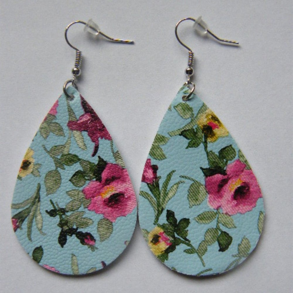 Blue-Pink Floral Teardrop Earrings Faux Leather
